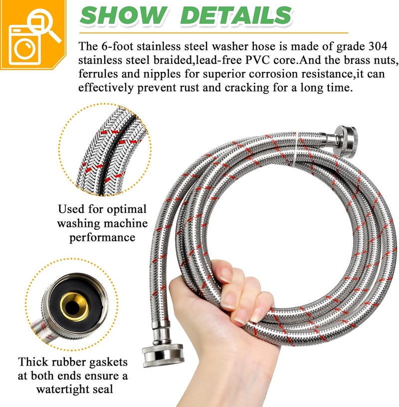Techecook 6Ft Stainless Steel Washing Machine Hoses Burst Proof Hot and Cold Water Supply Hoses Universal for All Washers by - 2Pack Premium Water Supply Lines - 10 Years Warranty - Image 2